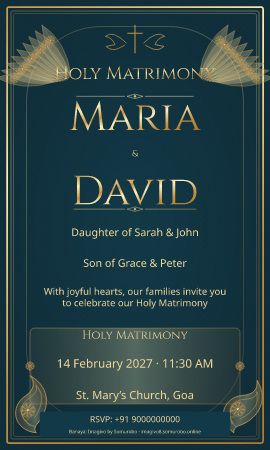 Peacock Court wedding invitation sample in Christian / ईसाई — fictional names