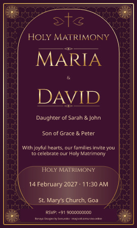 Wine Velvet wedding invitation sample in Christian / ईसाई — fictional names