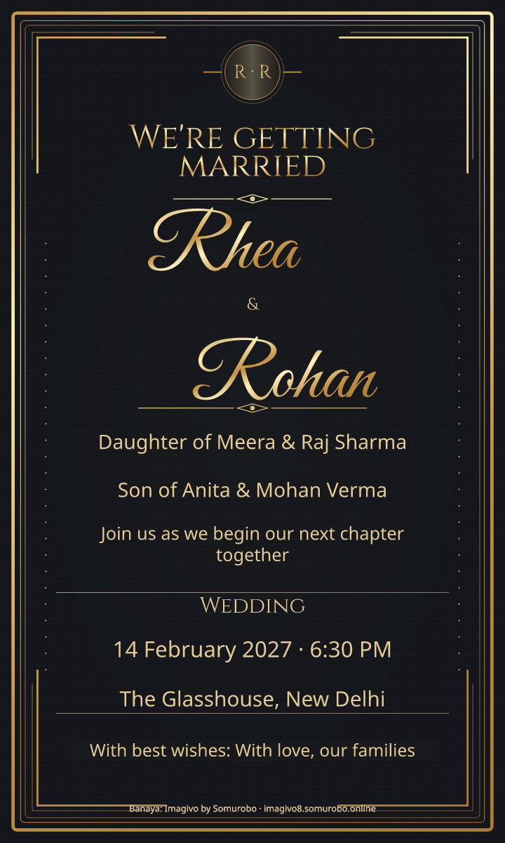 Modern Noir wedding invitation sample — fictional names