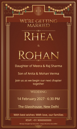 Saffron Palace wedding invitation sample in Simple / Modern · आधुनिक — fictional names